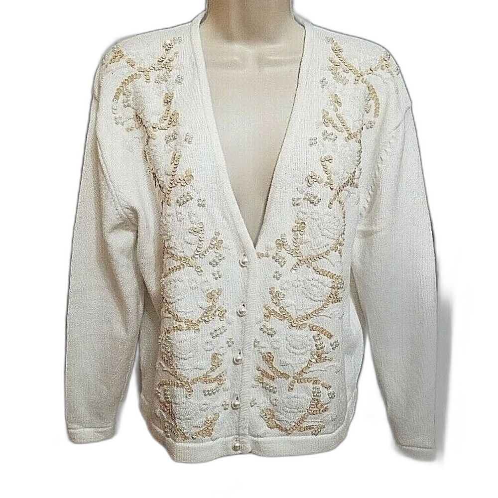Vintage Clifford & Wills Beaded & Sequined White Knitted Cardigan Small S